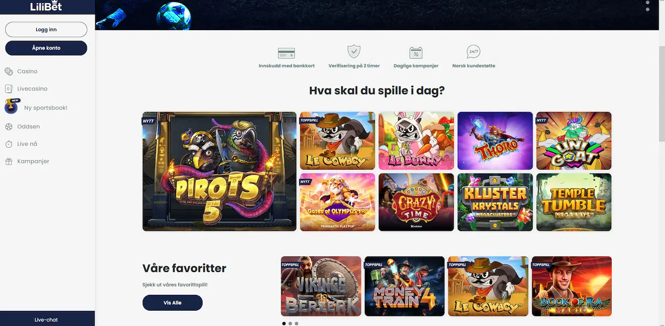 Lilibet Casino — herní lobby s přehledem slotů a bonusů